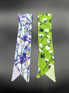 Floral Skinny Scarf Twilly Like Head Wrap Blue, Purple, Green White Set/2